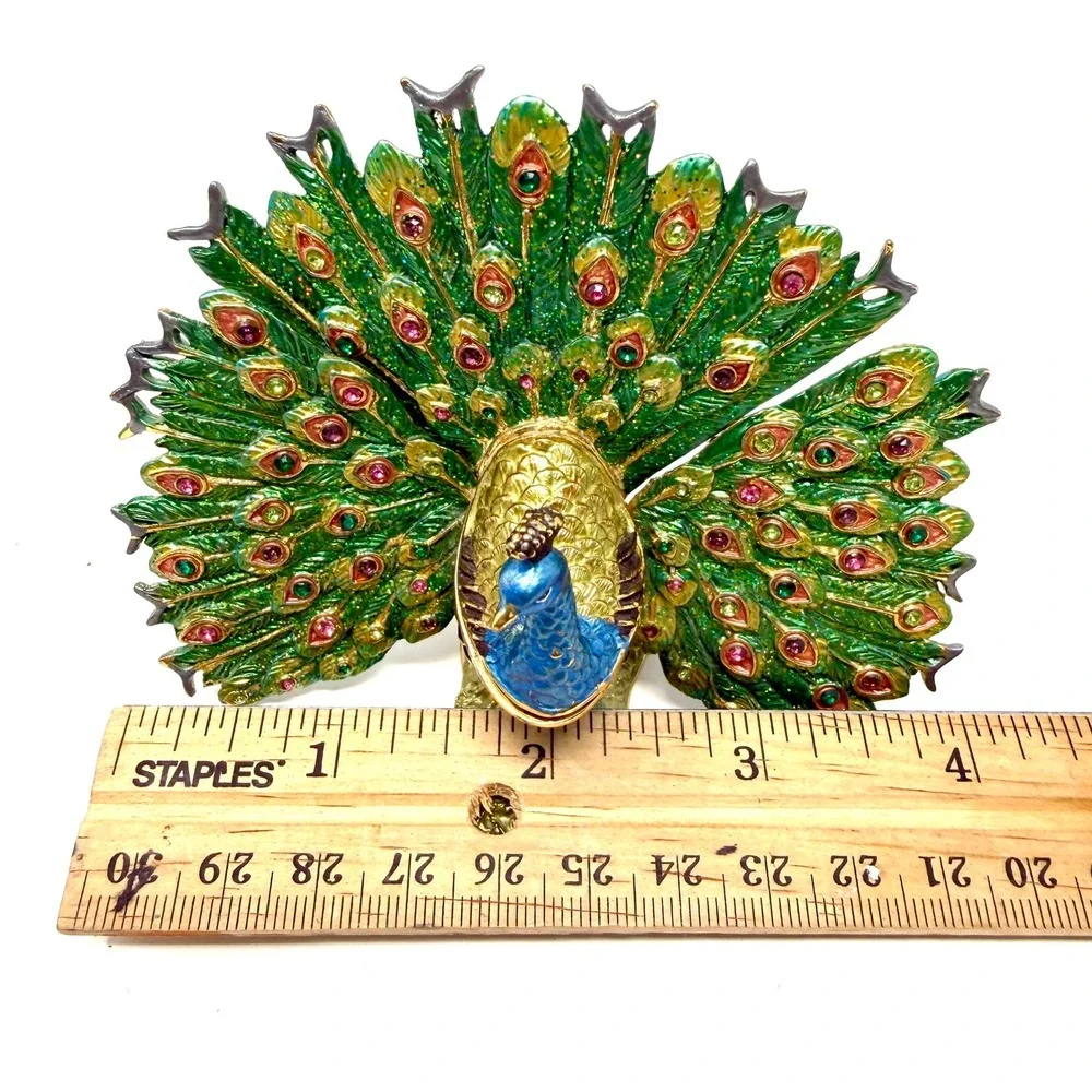 Peacock Trinket Box Enameled Rhinestone Bejeweled Jewelry Holder Green Gold VTG